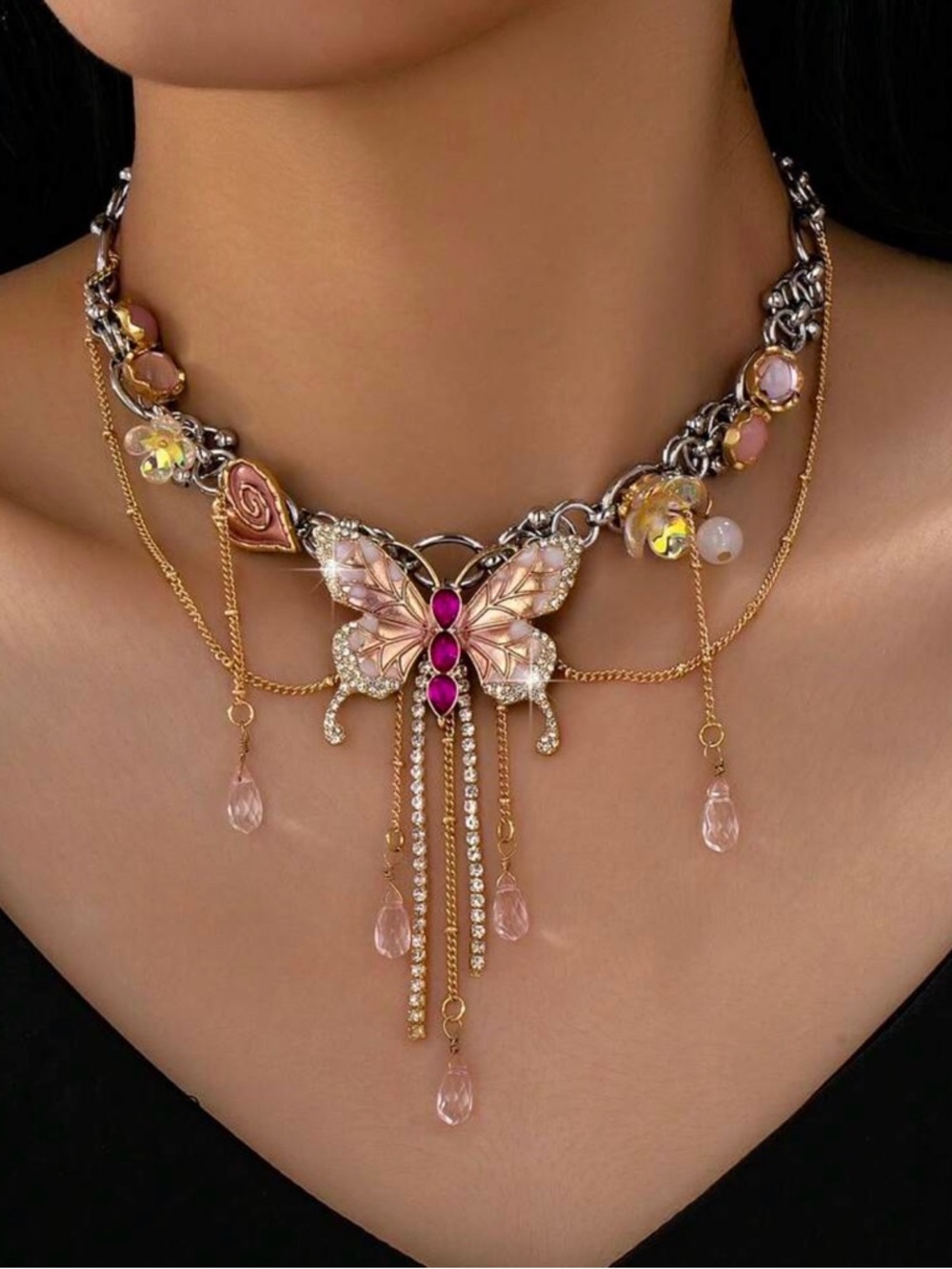 Butterfly Pink Crystal Statement Necklace - Feminine Designer Style